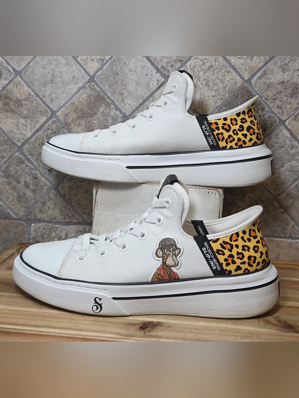 White Kids Low-Top Sneakers with Leopard Heel Accent